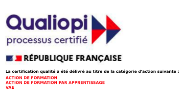 Qualiopi, processus certifié — République Française. La certification qualité a été délivrée au titre de la catégorie d’action suivante : actions de formation par apprentissage.
